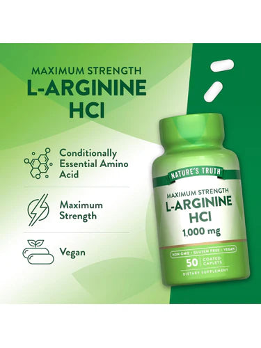 Nature's Truth L-Arginine 1,000mg - 50 Coated Caplets |  نيتشرس تروث إل-أرجينين 1000 ملغم - 50 قرصًا مغلفًا
