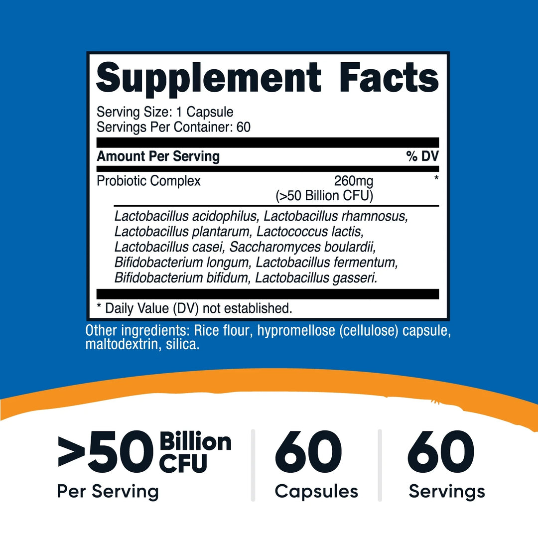 Nutricost Probiotic Complex - 50 Billion CFU - 60 Capsules | نيوتريكوست بروبيوتك كومبلكس - 60 كبسولة