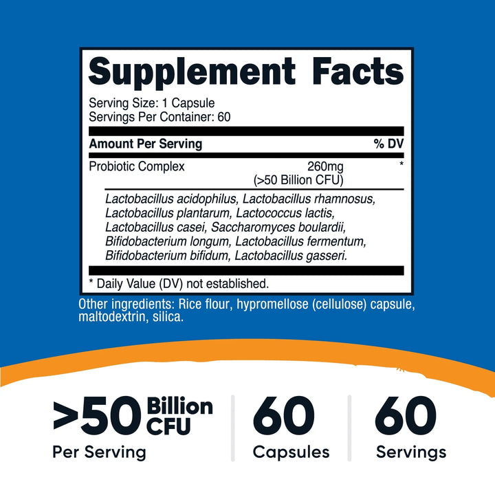 Nutricost Probiotic Complex - 50 Billion CFU - 60 Capsules | نيوتريكوست بروبيوتك كومبلكس - 60 كبسولة