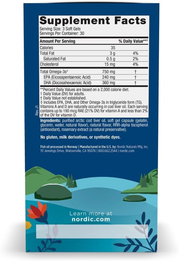 Nordic Naturals Arctic Cod Liver Oil - 90 Soft Gels | نورديك ناتورالز زيت كبد سمك القد القطبي - 90 كبسولة