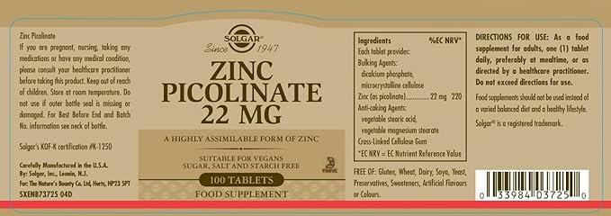 Solgar Zinc Picolinate 22 Mg - 100 Tablets  | سولغار زنك بيكولينات 22 ملغ - 100 قرص