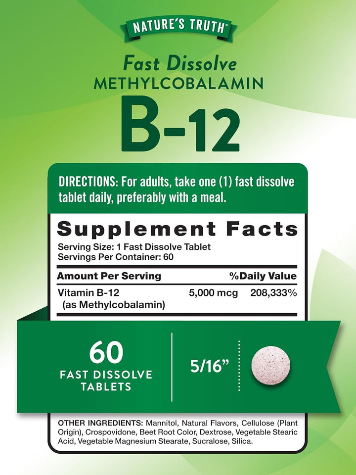 Nature's Truth Methylcobalamin B-12 5000mcg - 60 Fast Dissolve Tablets | نيتشرس تروث مكمل ب12 5000 مكغ - 60 قرص سريع الذوبان