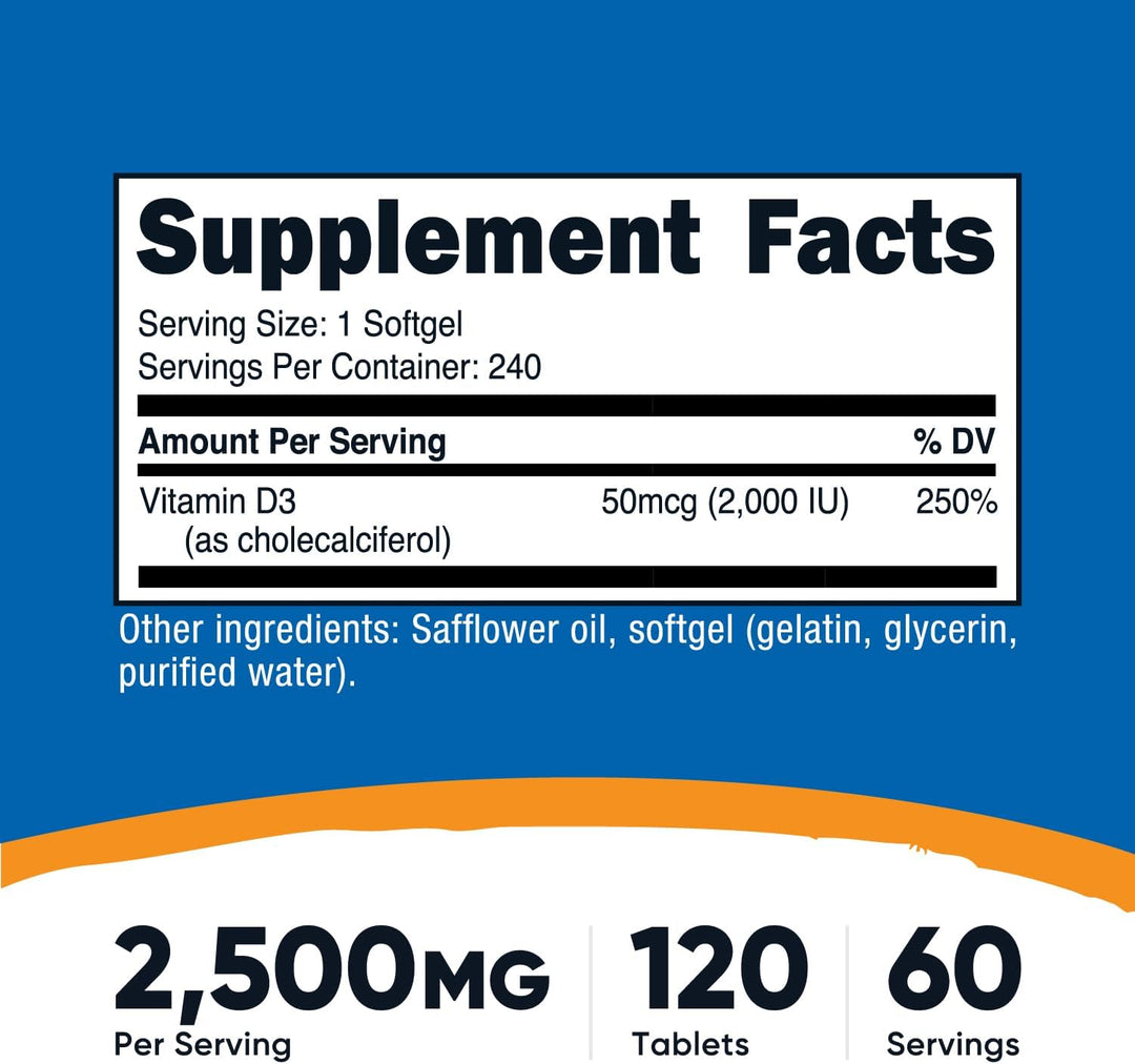 Nutricost Vitamin D3 2000 iu Softgels - 240 Softgels | تونريكوست كبسولات فيتامين دال 2000 - 240 كبسولة طرية