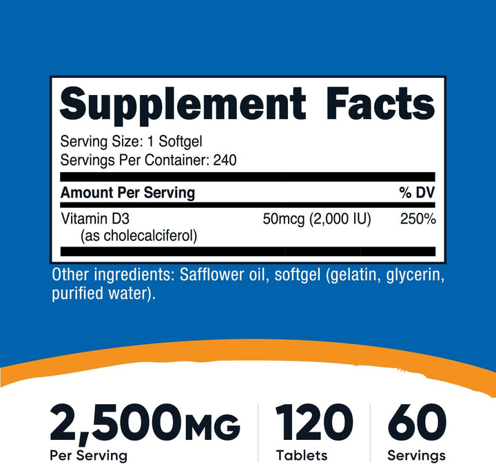 Nutricost Vitamin D3 2000 iu Softgels - 240 Softgels | تونريكوست كبسولات فيتامين دال 2000 - 240 كبسولة طرية