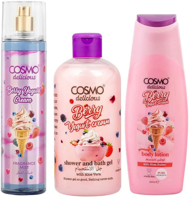 Cosmo Berry Yogurt Cream Body Mist Body Lotion Shower & Bath Gel | كوزمو مجموعة العناية بالجسم بيري يوغرت