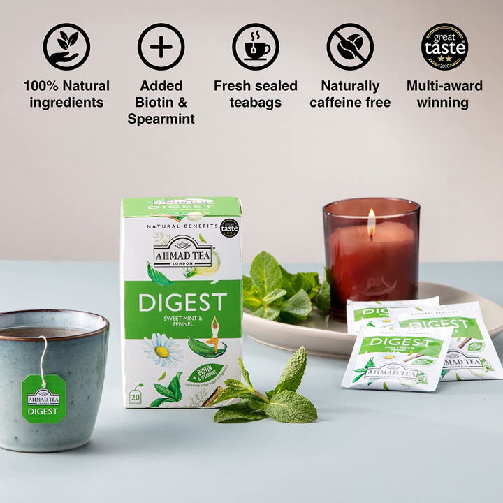 Ahmad Tea Digest' Natural Benefits Sweet Mint Fennel Biotin + Spearmint - 20 Bags | شاي احمد شاي النعناع الحلو والشمر والبيوتين والنعناع السنبلي - 20 كيس