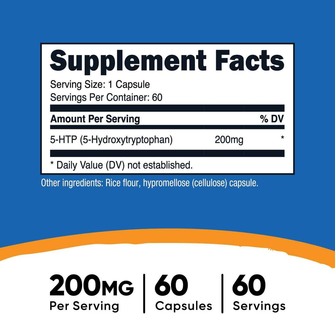 Nutricost 5-HTP 200mg - 60 Capsules | نيوتريكوست مكمل غذائي لتعزيز انتاج السيروتونين 200 مغ - 60 كبسولة