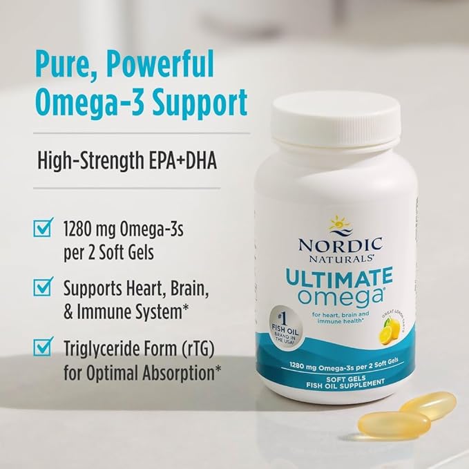 Nordic Naturals Ultimate Omega, 1280mg Omega-3 Fish Oil, Lemon - 60 Soft Gels | نورديك ناتورالز مكمل اوميغا 3 120 مغ - 60 كبسولة لينة