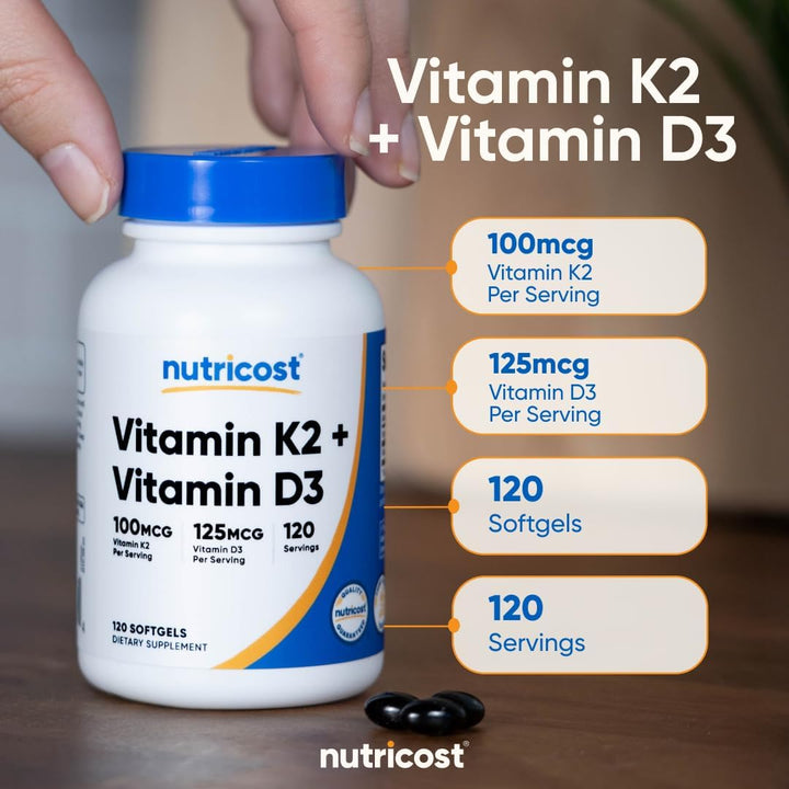 Nutricost, Vitamin K2 + Vitamin D3 - 120 Softgels | نيوتريكوست فيتامين ك2 + فيتامين د3 100 ملغ - 120 سوفت جل