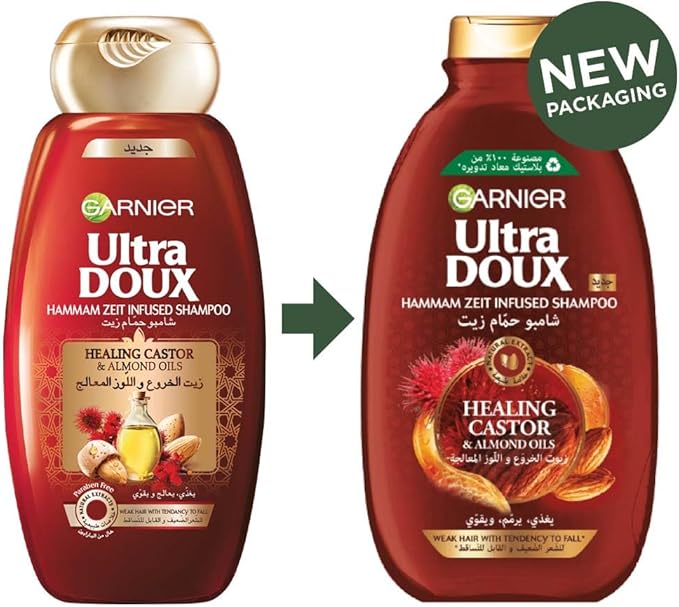 Garnier Ultra Doux Healing Castor & Almond Oil Shampoo - 400ml |  غارنييه الترا دو شامبو بزيت الخروع وزيت اللوز للشعر الضعيف والقابل للتساقط - 400 مل