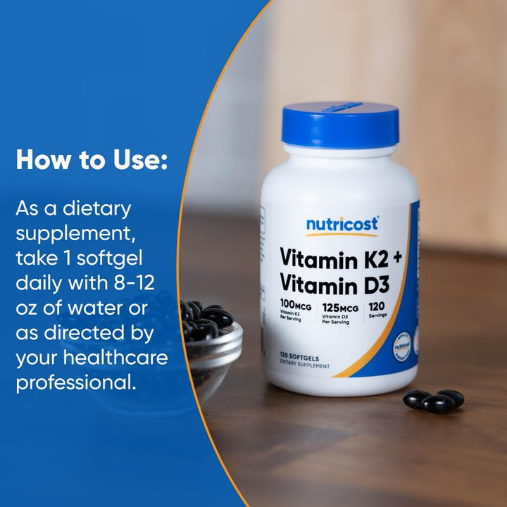 Nutricost, Vitamin K2 + Vitamin D3 - 120 Softgels | نيوتريكوست فيتامين ك2 + فيتامين د3 100 ملغ - 120 سوفت جل