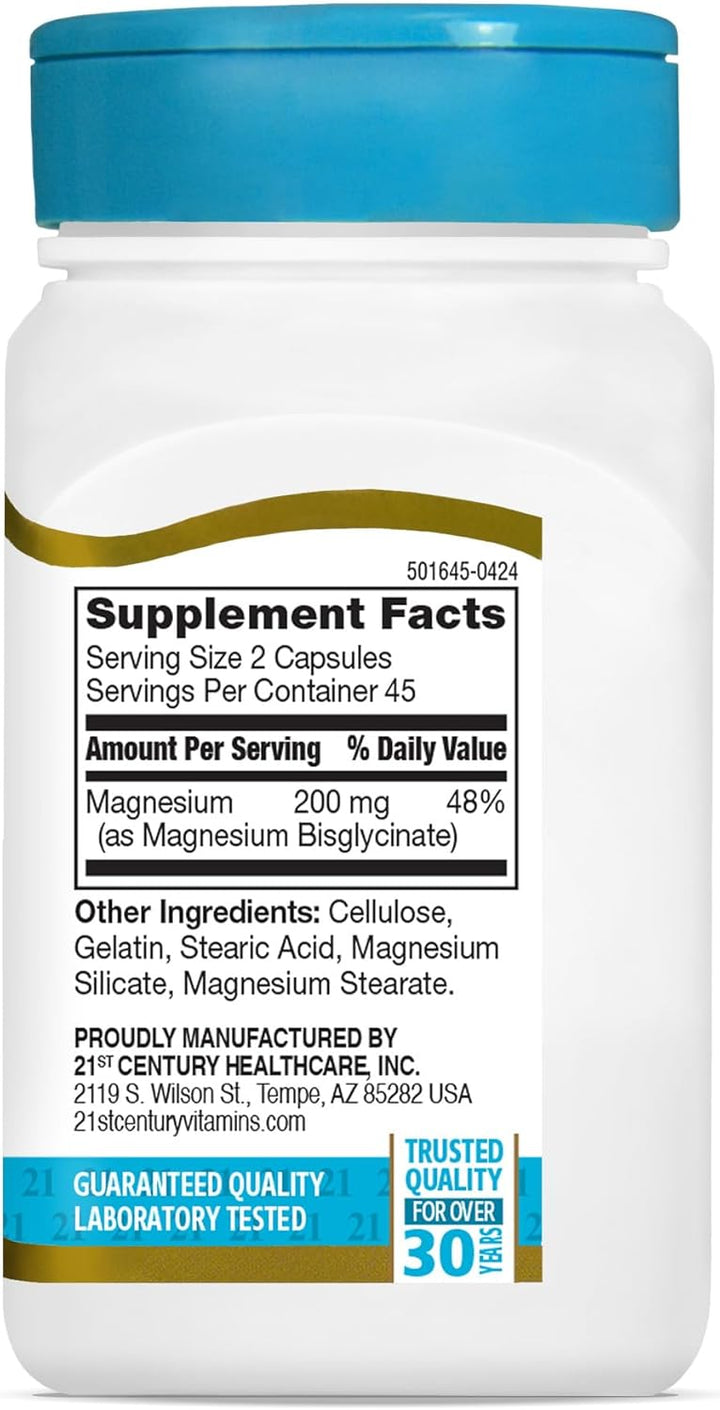 21st Century Magnesium Glycinate 200mg per Serving - 90 Capsules | تونتي فيرست سينشري مغنيزيوم غليسينات 200 مغ - 90 كبسولة