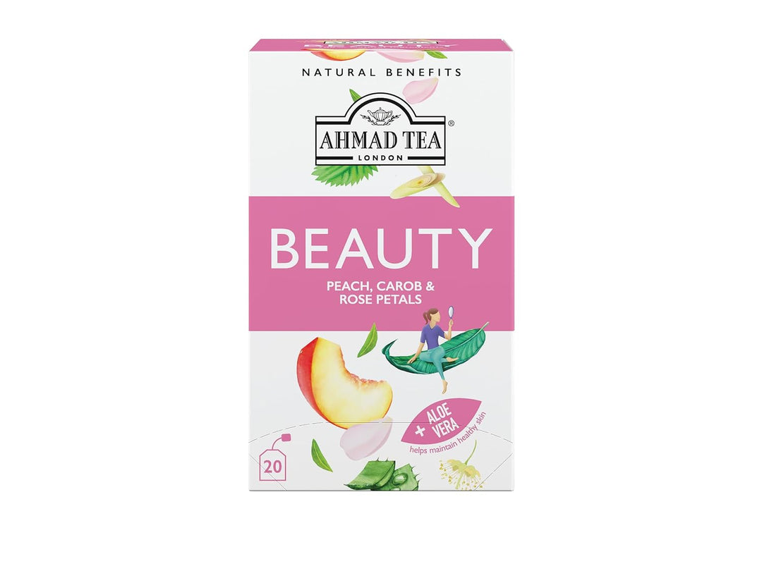 AHMAD TEA BEAUTY PEACH CAROB & ROSE PETALS +Aloe Vera 20 Pcs - 30g - 30g | شاي احمد شاي الجمال خوخ، خرنوب وبتلات الورد 20 ظرف - 30غ