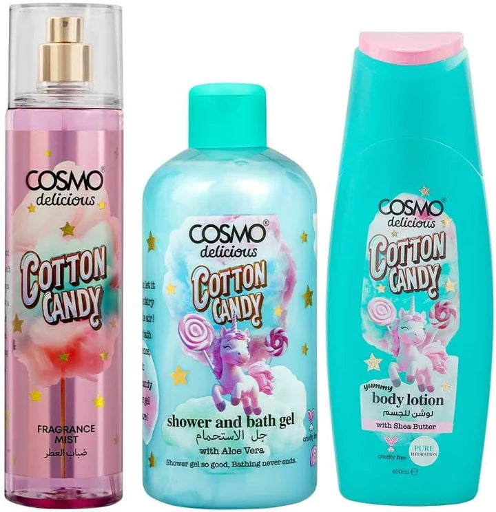 Cosmo Cotton Candy Body Mist Body Lotion Shower & Bath Gel | كوزمو مجموعة العناية بالجسم كوتون كاندي