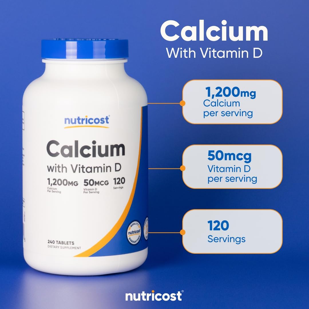 Nutricost, Calcium + Vitamin D3 1200 Mg/50 Mcg - 60 Tablets | نيوتريكوست مكمل غذائي كالسيوم مع فيتامين دال 1200مغ\50 مكغ - 60 قرص