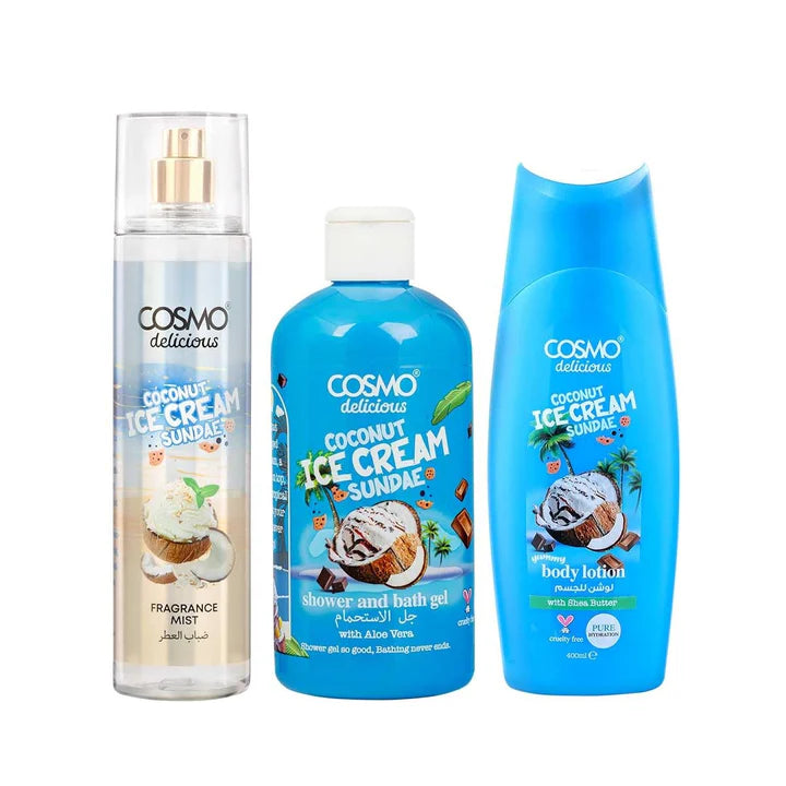 Cosmo Coconut Ice Cream Sundae Body Mist Body Lotion Shower & Bath Gel | كوزمو مجموعة العناية بالجسم برائحة جوز الهند