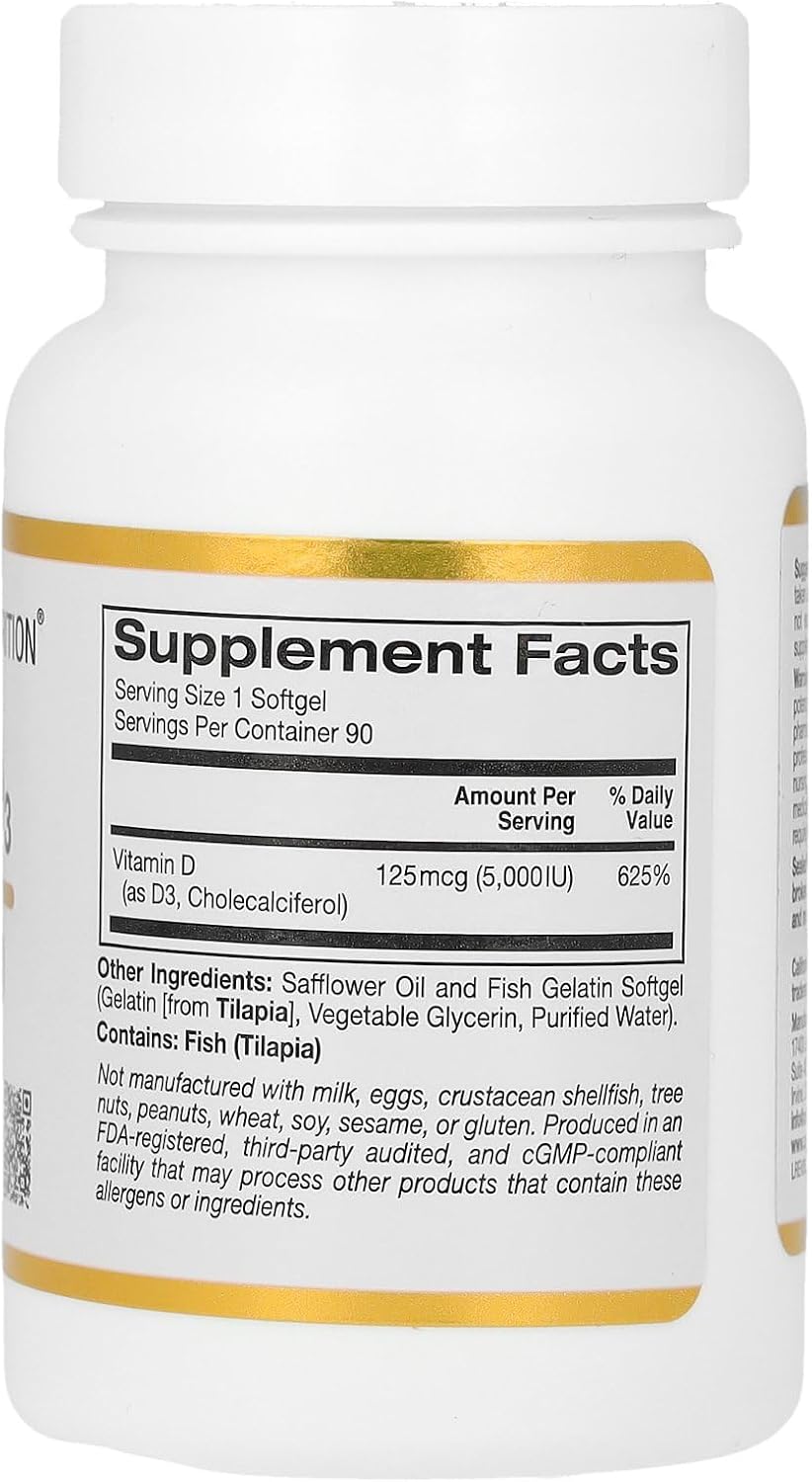 California Gold Nutrition Vitamin D3 125 mcg (5.000 IU) - 90 Fish Gelatin Softgels | كاليفورنيا غولد نيوتريشن فيتامين D3 بتركيز 125 مكغ (5000 وحدة دولية) - 90 كبسولة جيلاتين سمك طرية