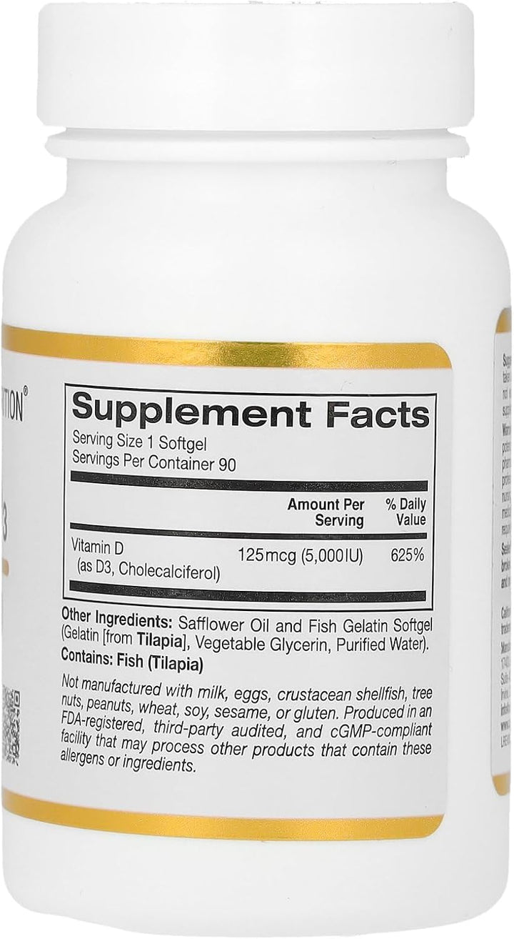 California Gold Nutrition Vitamin D3 125 mcg (5.000 IU) - 90 Fish Gelatin Softgels | كاليفورنيا غولد نيوتريشن فيتامين D3 بتركيز 125 مكغ (5000 وحدة دولية) - 90 كبسولة جيلاتين سمك طرية