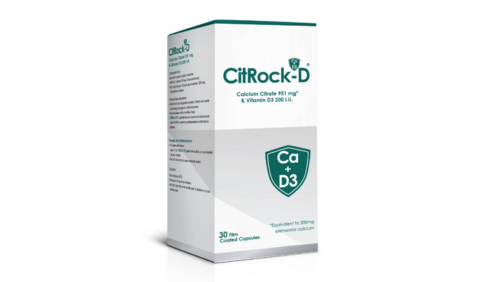 Citrock-D Calcium citrate + D3 200mg - 30 Flim Coated Capsules | سيتروك-دي كالسيوم + فيتامين د3 200 ملغ – 30 قرصًا مغلف