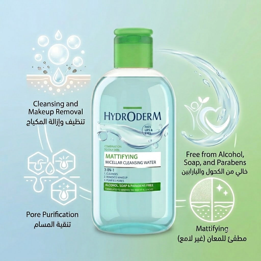 Hydroderm Micellar Water 3 in 1 Mattifying for oily Skin-  250 ml | هيدروديرم مايسيلر مزيل مكياج للبشرة الدهنية - 250 مل