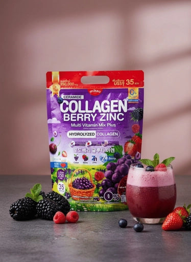 mikeo Collagen Berry Zinc Ceramide Multi Vitamin Mix Plus Drink Powder 35 Sachet - 250mg | ميكيو مسحوق الكولاجين متعدد الفيتامينات ميكس بيري - 35 كيس - 250 مغ