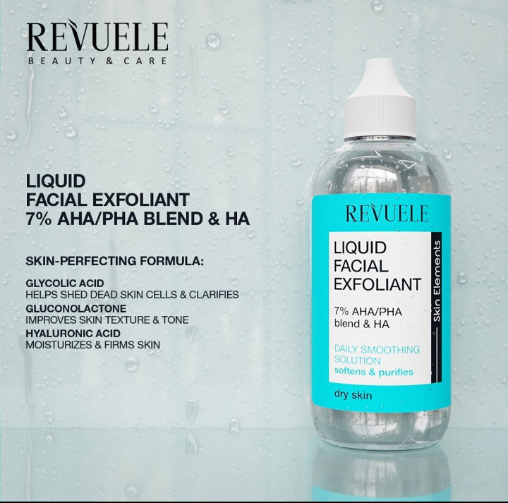 Revuele Liquid Facial Exfoliant 7% AHA/PHA BLEND + HA for dry skin - 125ml | ريفويل تونر مقشر بالأحماض 7% + هيالورونيك اسيد للبشرة الجافة - 125 مل