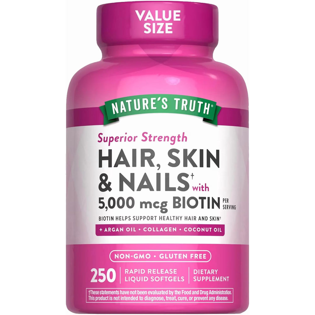 Nature's Truth Hair, Skin & Nails Vitamins 5000mcg Biotin - 250 Liquid Softgels - 250 كبسولة | نيتشرس تروث مكمل للشعر والبشرة والأظافر قوت 5000 ميكروغرام - 250 كبسولة