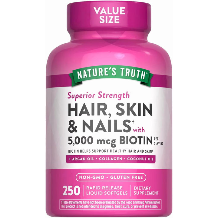 Nature's Truth Hair, Skin & Nails Vitamins 5000mcg Biotin - 250 Liquid Softgels - 250 كبسولة | نيتشرس تروث مكمل للشعر والبشرة والأظافر قوت 5000 ميكروغرام - 250 كبسولة