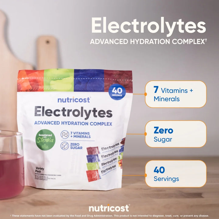 Nutricost Electrolyte Complex Powder Variety Pack - 40 Stick Pack | نيوتريكوست مكمل الكتروليتات لدعم ترطيب الجسم - 40 ظرف
