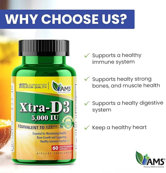 AMS Xtra D3 Vitamin D 10,000 250 mcg 60 Easy to Swallow Softgels |ايه ام اس إكسترا دي 3 فيتامين د 10,000 وحدة دولية (250 ميكروغرام) – 60 كبسولة جيلاتينية سهلة البلع