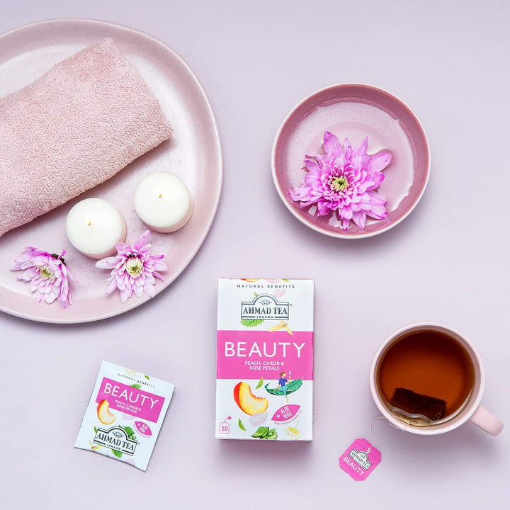 AHMAD TEA BEAUTY PEACH CAROB & ROSE PETALS +Aloe Vera 20 Pcs - 30g - 30g | شاي احمد شاي الجمال خوخ، خرنوب وبتلات الورد 20 ظرف - 30غ