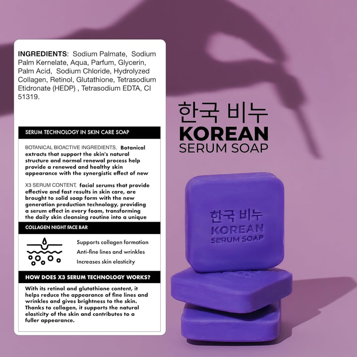 GREEN LABEL Korean Serum Soap Collagen Night Face Bar -3x60 gr - 60gr |جرين ليبل صابونة سيروم كولاجين كورية ليلية للوجه – 3×60 غ (60 غ)