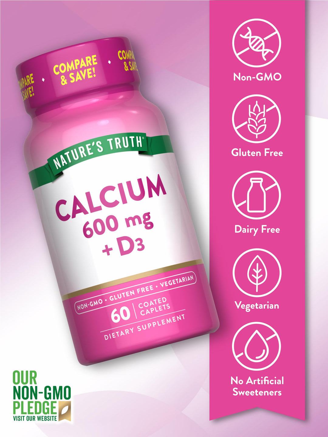 Nature's Truth Calcium 600 mg with Vitamin D3 - 60 Coated Caplets - متوفر في 60 قرص | نيتشرز تروث كالسيوم 600 ملغ + د3 - متوفر في 60 قرص #5