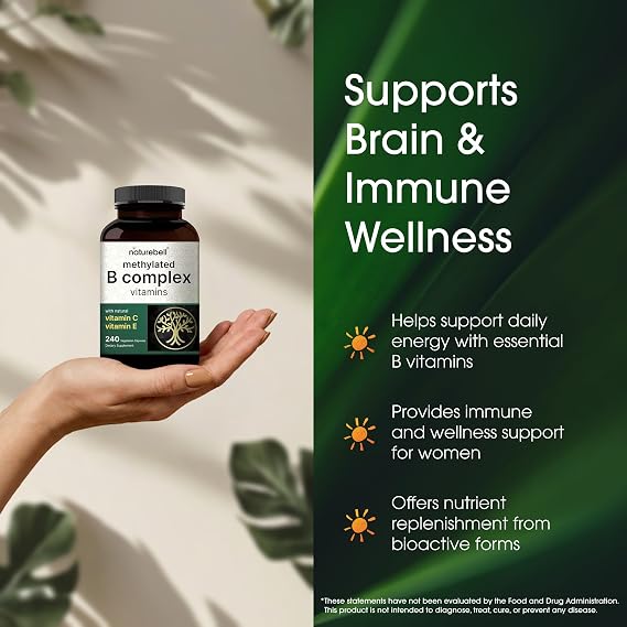 naturebell Methylated B Complex Vitamins - 240 Vegetarian Capsules | نيتشر بيل مكمل متعدد الفيتامينات - 240 كبسولة