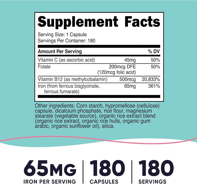 Nutricost Women Iron With Vitamin C Folate & Vitamin B12 - 180 Capsules | نيوتريكوست مكمب الحديد مع فيتامين سي للنساء - 180 كبسولة