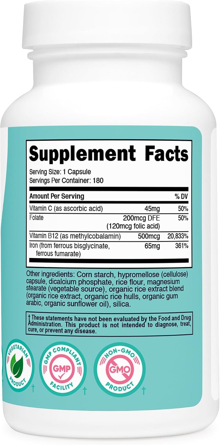 Nutricost Women Iron With Vitamin C Folate & Vitamin B12 - 180 Capsules | نيوتريكوست مكمب الحديد مع فيتامين سي للنساء - 180 كبسولة