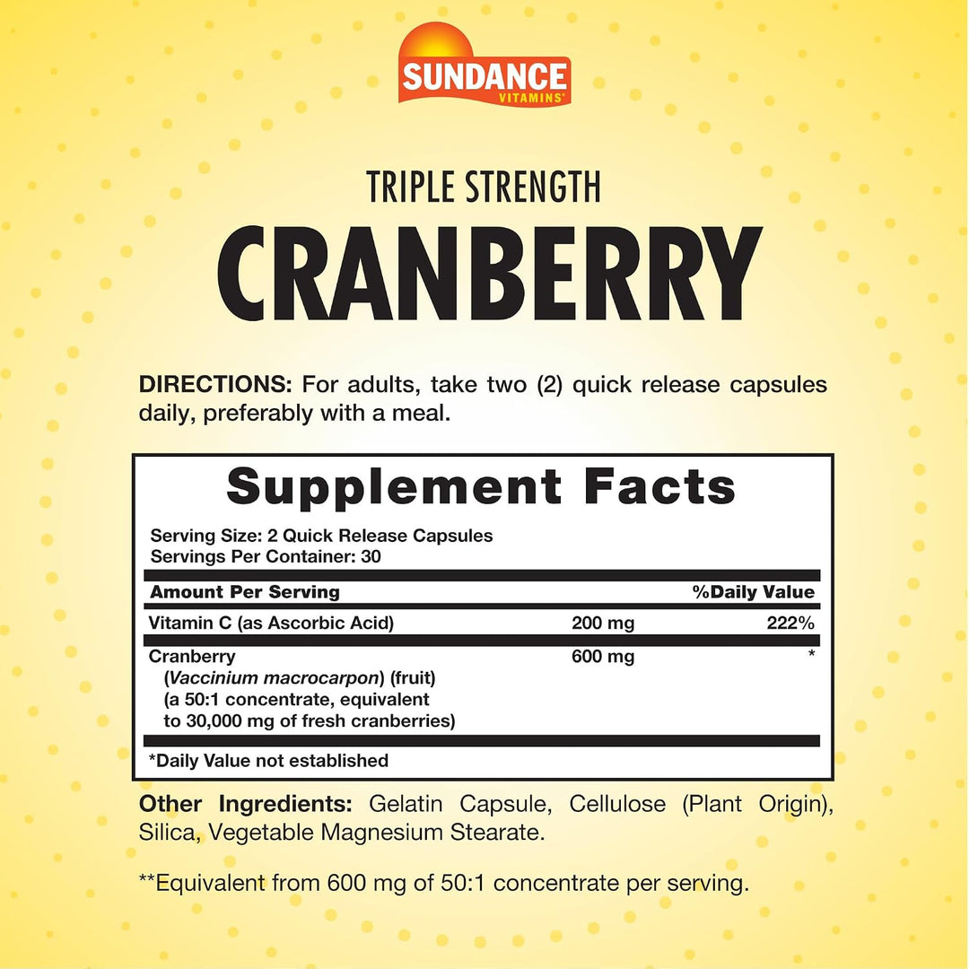 Sundance Cranberry 30000mg + Vitamin C - 60 Quick Release Capsules | ساندانس مستخلص التوت البري 30000 ملغ مع فيتامين سي - 60 كبسولة