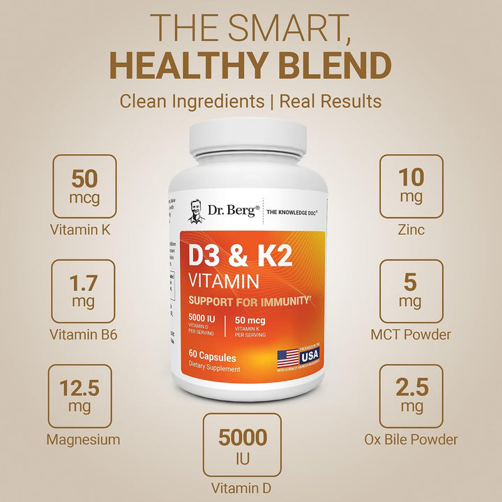 Dr Berg D3 & K2 Vitamin 5000 iu - 60 Capsules | د. بيرغ فيتامين D3 و K2 بتركيز 5000 وحدة دولية - 60 كبسولة