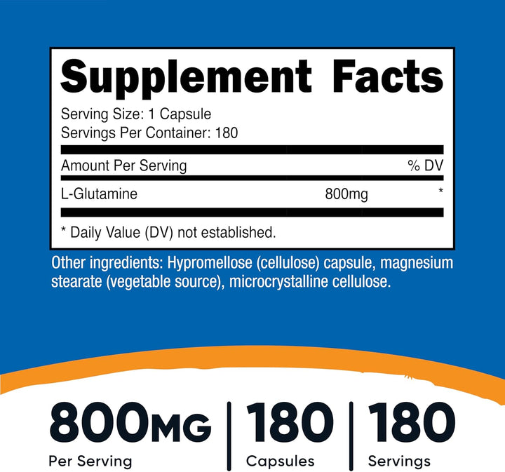 Nutricost L-Glutamine 800mg 180 Capsules | نوتريكوست كبسولات إل جلوتامين 800 مغ - 180 كبسولة