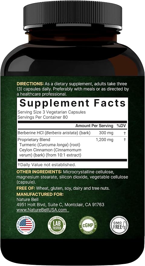 naturebell Berberine 1500mg 3 In 1 Formula Optimized Potency - 240 Veggie Capsule | نيتشر بيل مكمل بربرين 3 في 1 1500 مغ - 240 كبسولة نباتية