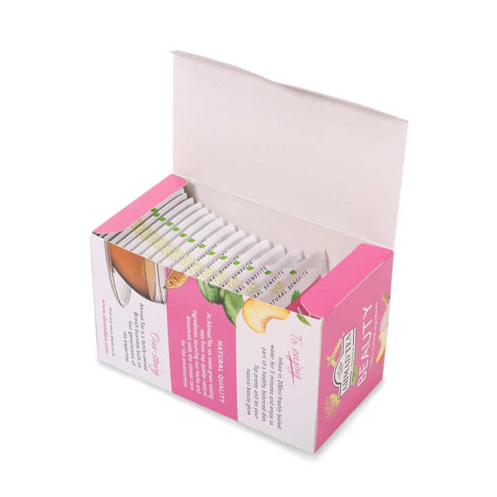 AHMAD TEA BEAUTY PEACH CAROB & ROSE PETALS +Aloe Vera 20 Pcs - 30g - 30g | شاي احمد شاي الجمال خوخ، خرنوب وبتلات الورد 20 ظرف - 30غ