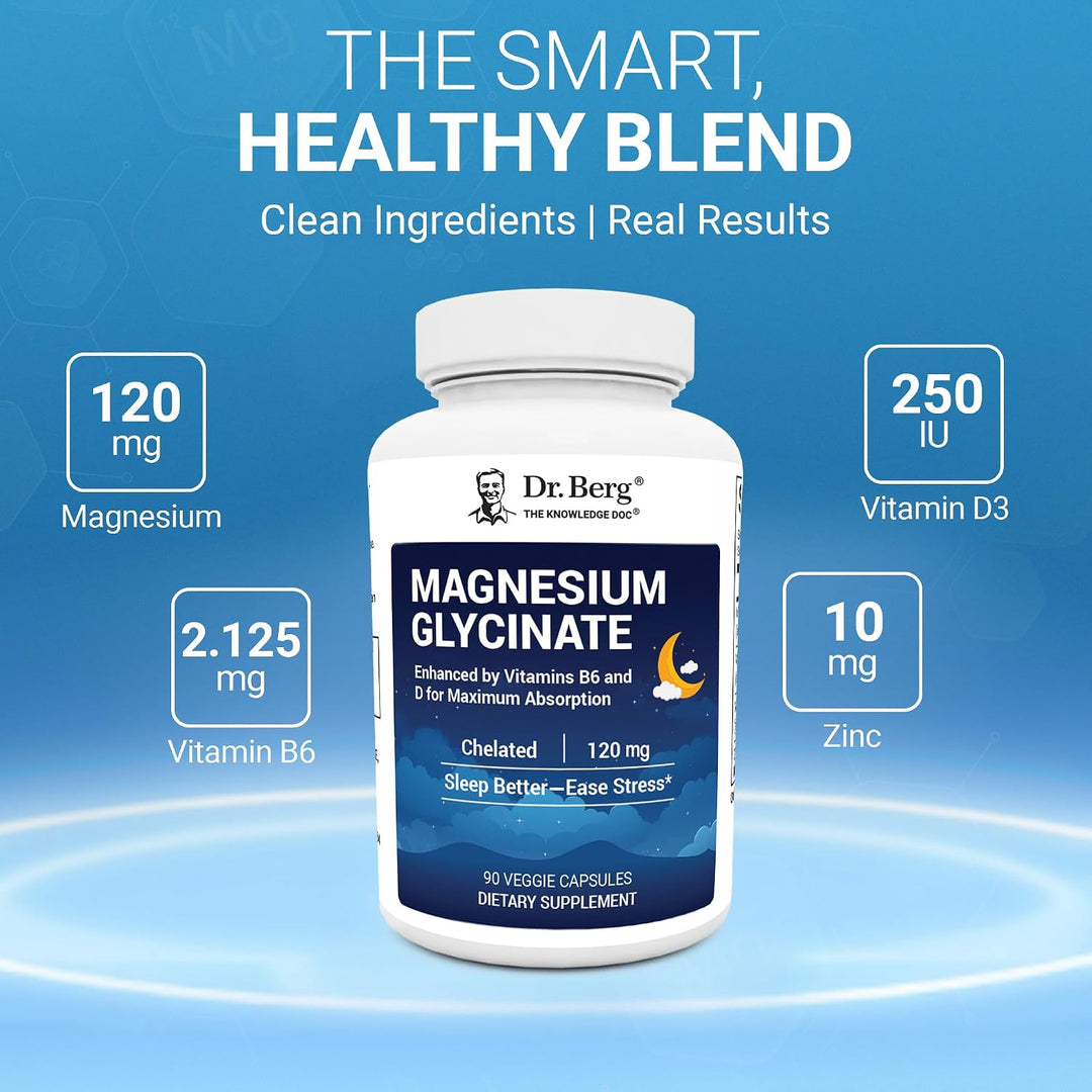 Dr Berg Magnesium Glycinate Chelated 120mg - 90 Veggie Capsules | دكتور بيرج مكمل مغنيزيوم غليسينات لدعم الاسترخاء و النوم - 90 كبسولة