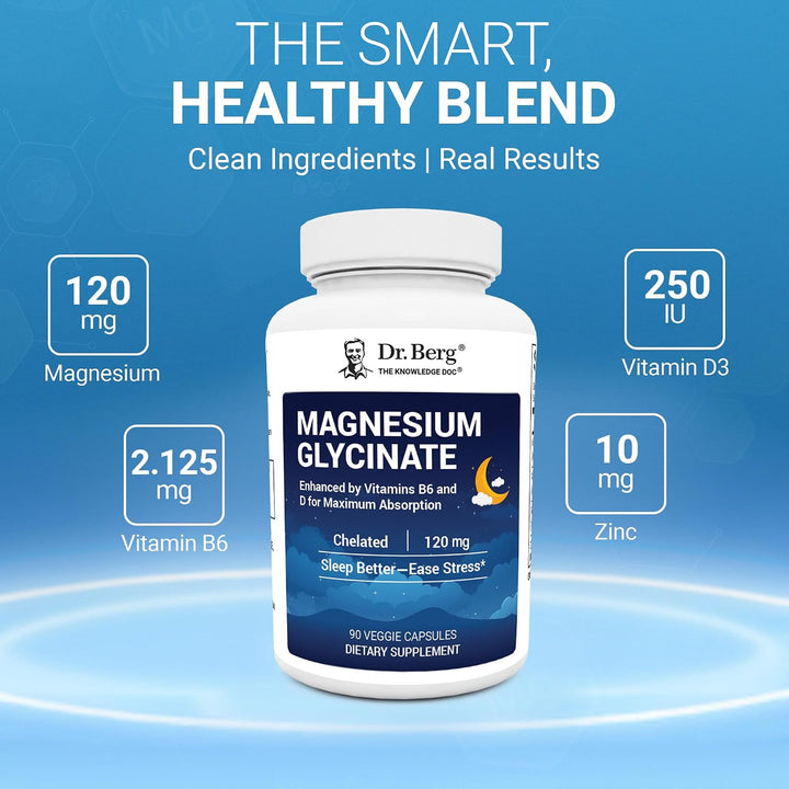 Dr Berg Magnesium Glycinate Chelated 120mg - 90 Veggie Capsules | دكتور بيرج مكمل مغنيزيوم غليسينات لدعم الاسترخاء و النوم - 90 كبسولة