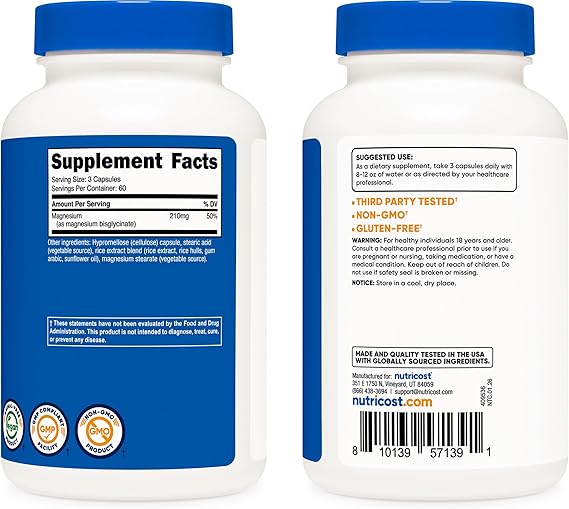 Nutricost Magnesium Glycinate 210 Mg - 180 Capsules | نيوتريكوست مكمل غذائي يحتوي على مغنيسيوم غلايسينات 210 ملغ - 180 كبسولة