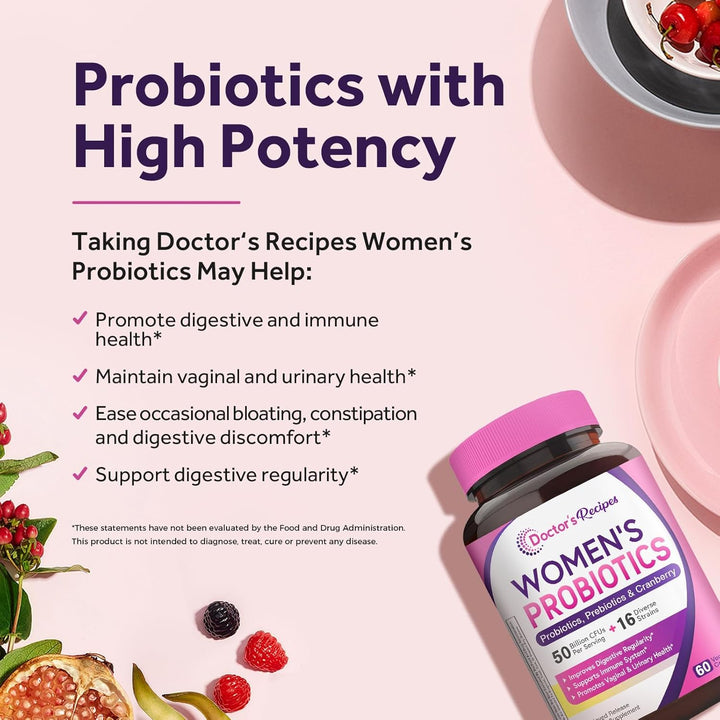 Doctors Recipes Womens Probiotics 50 Billion CFU 16 Strains - 60 Veggie Capsules| دكتورز ريسيبس بروبيوتيك للنساء 50 مليار وحدة مع البريبايوتيك والتوت البري – 60 كبسولة نباتية
