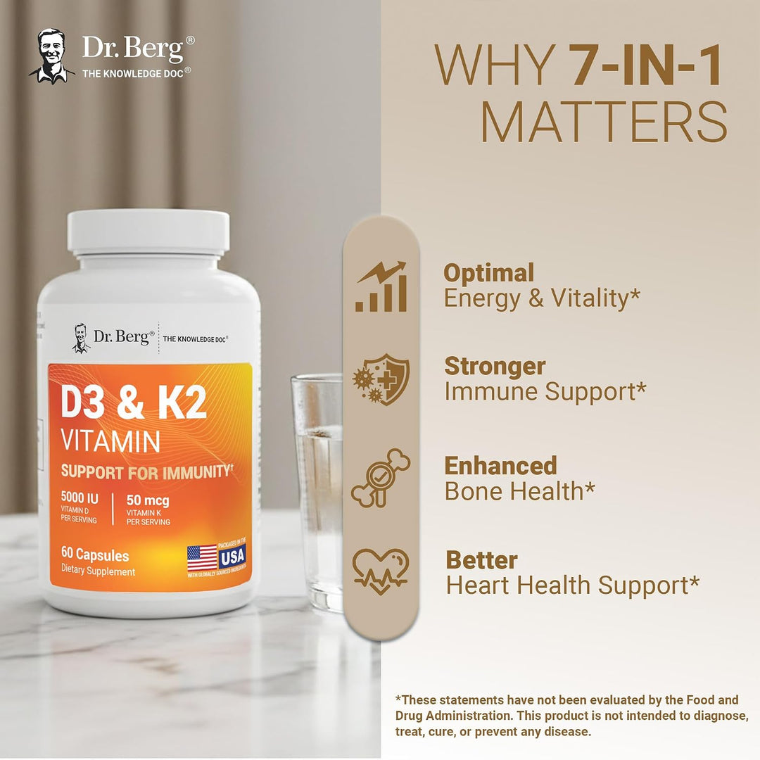 Dr Berg D3 & K2 Vitamin 5000 iu - 60 Capsules | د. بيرغ فيتامين D3 و K2 بتركيز 5000 وحدة دولية - 60 كبسولة