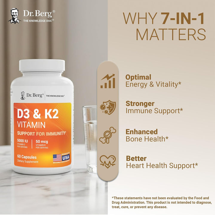 Dr Berg D3 & K2 Vitamin 5000 iu - 60 Capsules | د. بيرغ فيتامين D3 و K2 بتركيز 5000 وحدة دولية - 60 كبسولة