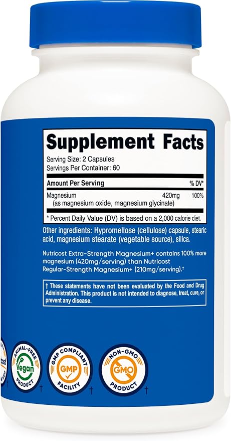 Nutricost Magnesium+ Extra Strength 420mg - 120 Capsules | نيوتريكوست مغنيسيوم بلس 420 ملغ - 120 كبسولة