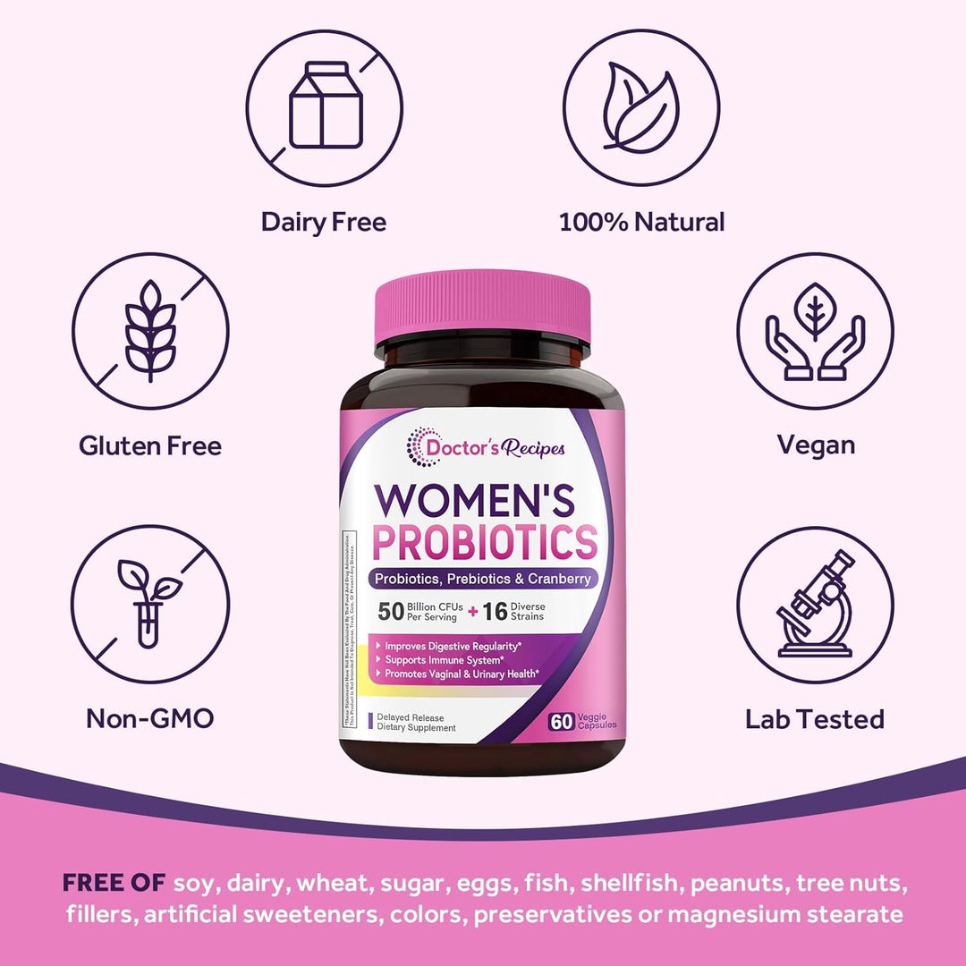 Doctors Recipes Womens Probiotics 50 Billion CFU 16 Strains - 60 Veggie Capsules| دكتورز ريسيبس بروبيوتيك للنساء 50 مليار وحدة مع البريبايوتيك والتوت البري – 60 كبسولة نباتية