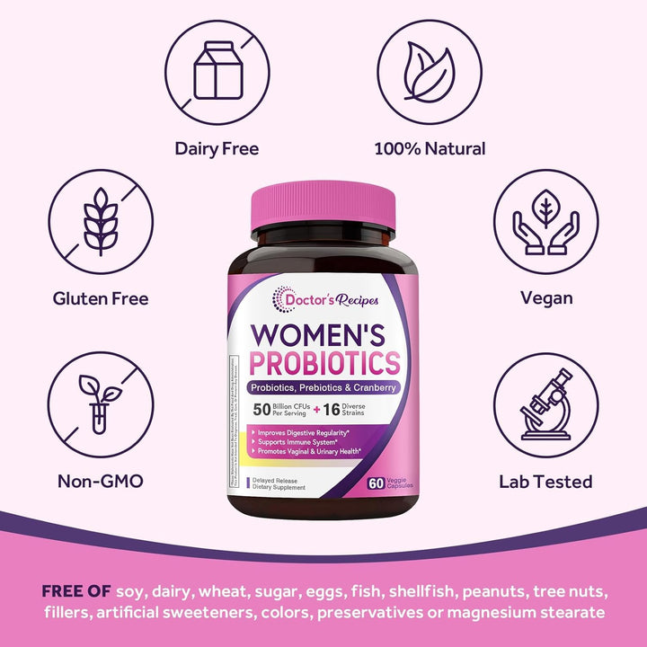 Doctors Recipes Womens Probiotics 50 Billion CFU 16 Strains - 60 Veggie Capsules| دكتورز ريسيبس بروبيوتيك للنساء 50 مليار وحدة مع البريبايوتيك والتوت البري – 60 كبسولة نباتية